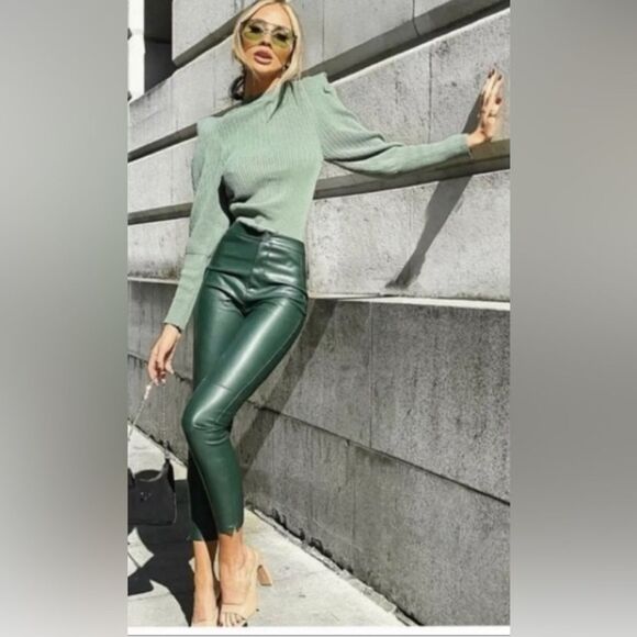 ZARA green faux leather hi-rise zipper hem leggings Sz XS NWT - Picture 5 of 15